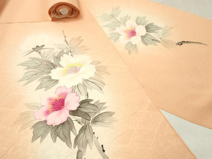 平和屋着物▼付下げ　解き反物　着尺　手描き　枝花文　暈し染め　八掛付き　逸品　DABF6377zy