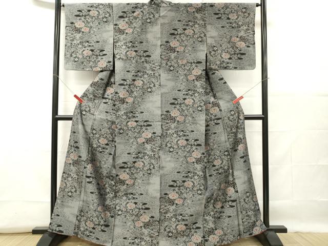 平和屋着物■上質な紬　流水草花文　正絹　逸品　DABF6446zy