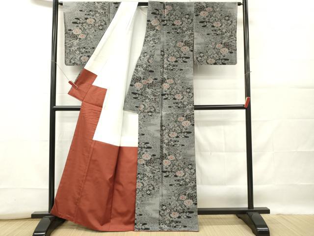 平和屋着物■上質な紬　流水草花文　正絹　逸品　DABF6446zy