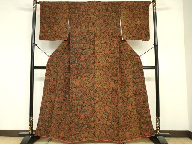 平和屋着物■上質な小紋　更紗花文　鬼しぼ縮緬　正絹　逸品　DABF6497zy