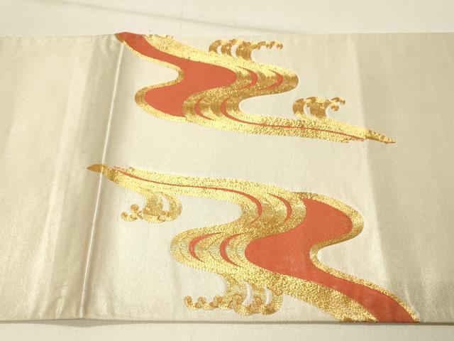 平和屋着物◎太鼓柄袋帯 総刺繍 駒刺繍 立波文 金糸 正絹 逸品 DABF6521qp