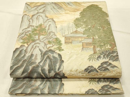 平和屋着物◎六通柄袋帯 遠山風景文 金糸 正絹 逸品 DABF6525qp