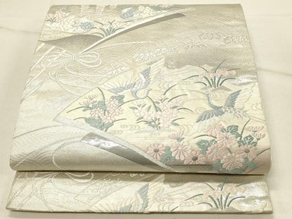平和屋着物◎六通柄袋帯　古典錦　扇面花鳥文　プラチナ三重　正絹　逸品　DABF6578qp