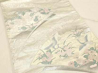 平和屋着物◎六通柄袋帯　古典錦　扇面花鳥文　プラチナ三重　正絹　逸品　DABF6578qp