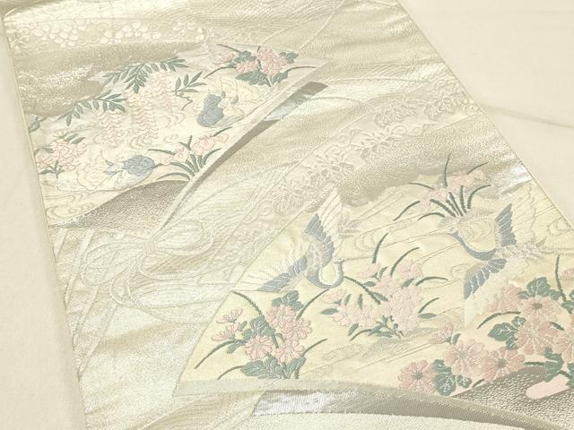 平和屋着物◎六通柄袋帯　古典錦　扇面花鳥文　プラチナ三重　正絹　逸品　DABF6578qp