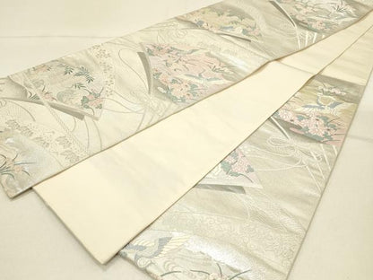 平和屋着物◎六通柄袋帯　古典錦　扇面花鳥文　プラチナ三重　正絹　逸品　DABF6578qp