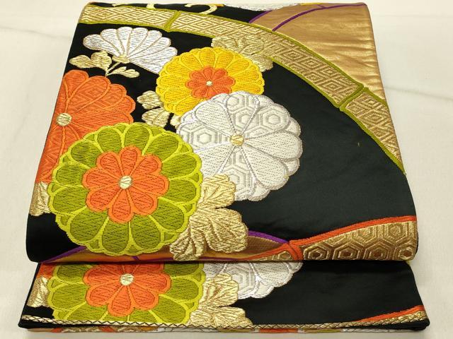 平和屋着物◎六通柄袋帯　唐織　花唐草文　黒地　金銀糸　正絹　逸品　DABF6597qp