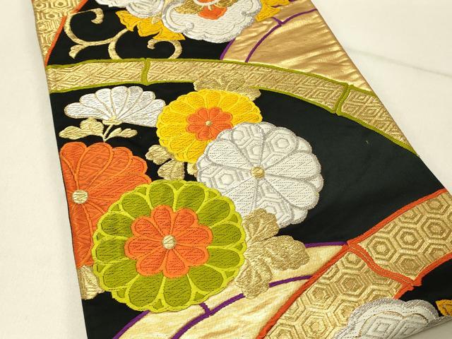 平和屋着物◎六通柄袋帯　唐織　花唐草文　黒地　金銀糸　正絹　逸品　DABF6597qp