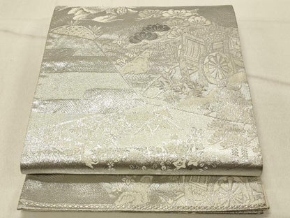平和屋着物◎西陣　六通柄袋帯　風景花鳥文　プラチナ銀箔二重織　正絹　逸品　DABF6607qp