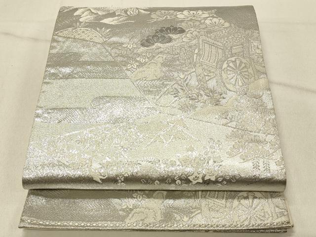 平和屋着物◎西陣　六通柄袋帯　風景花鳥文　プラチナ銀箔二重織　正絹　逸品　DABF6607qp