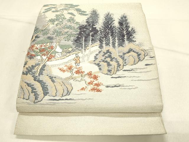 平和屋着物◎綴れ 八寸名古屋帯 唐織 人物風景花文 銀糸 正絹 逸品 DABF6625qp