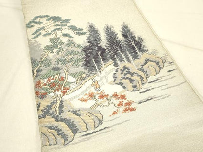 平和屋着物◎綴れ 八寸名古屋帯 唐織 人物風景花文 銀糸 正絹 逸品 DABF6625qp