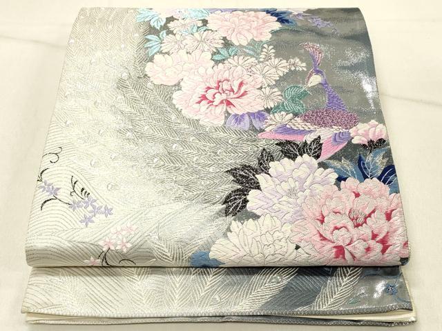 平和屋着物◎六通柄袋帯　唐織　孔雀花文　銀糸　正絹　逸品　DABF6648qp
