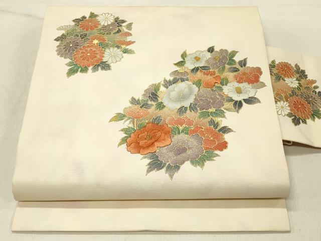 平和屋着物◎九寸名古屋帯 刺繍 草花文 金彩 正絹 逸品 DABF6654qp