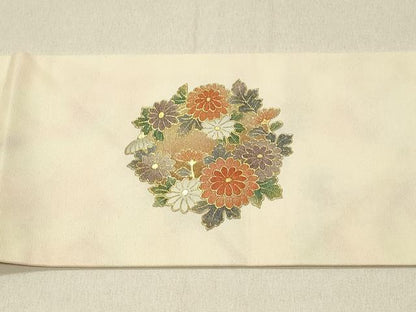 平和屋着物◎九寸名古屋帯 刺繍 草花文 金彩 正絹 逸品 DABF6654qp
