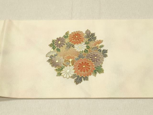 平和屋着物◎九寸名古屋帯 刺繍 草花文 金彩 正絹 逸品 DABF6654qp