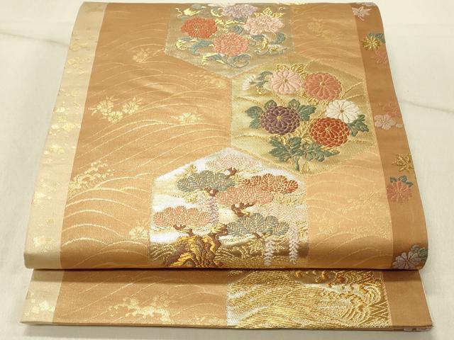 平和屋着物◎六通柄袋帯　亀甲花文　金糸　正絹　逸品　DABF6659qp