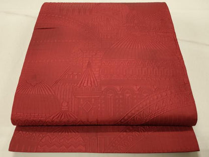 平和屋着物◎六通柄袋帯　ふくれ織　風景文　紅海老茶色　正絹　逸品　DABF6675qp