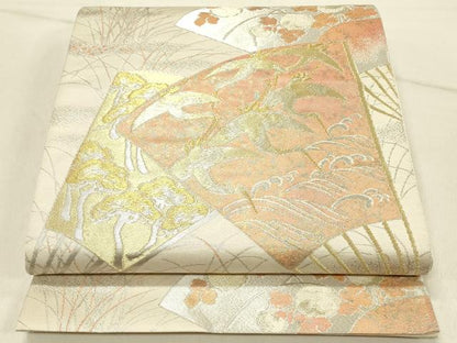 平和屋着物◎六通柄袋帯　扇面花鳥文　琳派二重引箔織　金銀糸　正絹　逸品　DABF6680qp