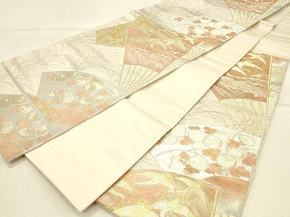 平和屋着物◎六通柄袋帯　扇面花鳥文　琳派二重引箔織　金銀糸　正絹　逸品　DABF6680qp