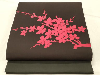 平和屋着物◎塩瀬　九寸開き名古屋帯　枝花文　黒地　正絹　逸品　DABF6715qp