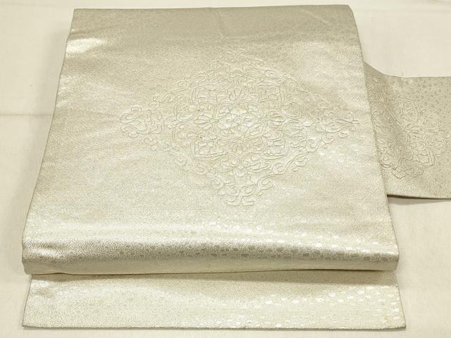 平和屋着物◎九寸名古屋帯 駒刺繍 花菱文 銀糸 正絹 逸品 DABF6744qp