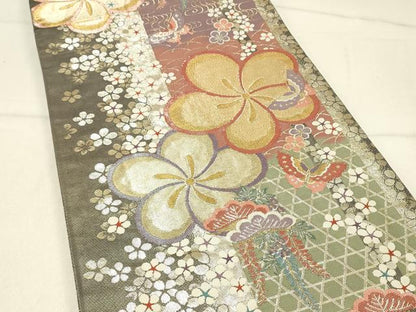 平和屋着物◎六通柄袋帯 花蝶文 金糸 正絹 逸品 DABF6752qp