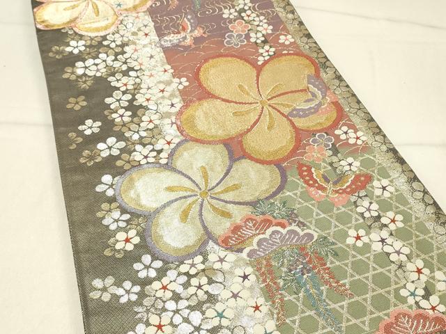 平和屋着物◎六通柄袋帯 花蝶文 金糸 正絹 逸品 DABF6752qp