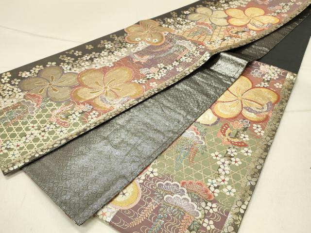 平和屋着物◎六通柄袋帯 花蝶文 金糸 正絹 逸品 DABF6752qp