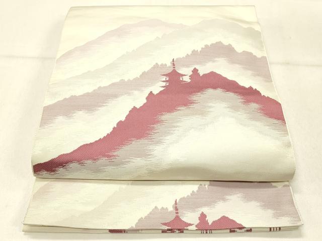 平和屋着物◎本場筑前博多織　八寸名古屋帯　風景シルエット　正絹　逸品　DABF6764qp