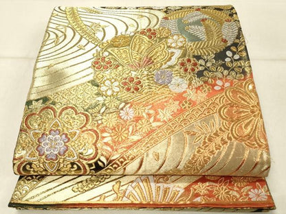 平和屋着物◎両面 全通柄袋帯 唐織 舞蝶花文 金銀糸 正絹 逸品 DABF6776qp