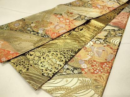 平和屋着物◎両面 全通柄袋帯 唐織 舞蝶花文 金銀糸 正絹 逸品 DABF6776qp