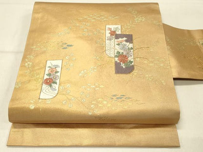 平和屋着物◎九寸名古屋帯 刺繍 短冊花文 金糸 正絹 逸品 DABF6782qp