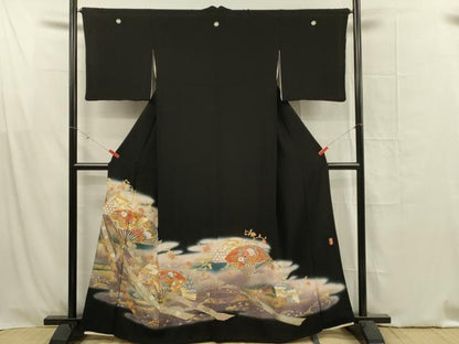 平和屋着物■豪華黒留袖 駒刺繍 扇面鳳凰花文 暈し染め 金彩 正絹 逸品 DABF6816qp