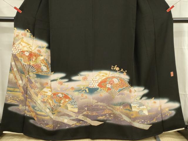 平和屋着物■豪華黒留袖 駒刺繍 扇面鳳凰花文 暈し染め 金彩 正絹 逸品 DABF6816qp