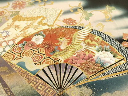 平和屋着物■豪華黒留袖 駒刺繍 扇面鳳凰花文 暈し染め 金彩 正絹 逸品 DABF6816qp