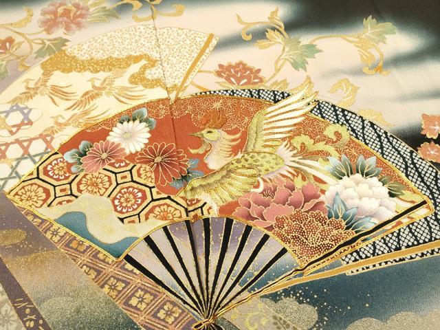 平和屋着物■豪華黒留袖 駒刺繍 扇面鳳凰花文 暈し染め 金彩 正絹 逸品 DABF6816qp