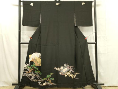 平和屋着物■豪華黒留袖　地紙飛鶴花松文　正絹　逸品　未使用　DABF6824qp　