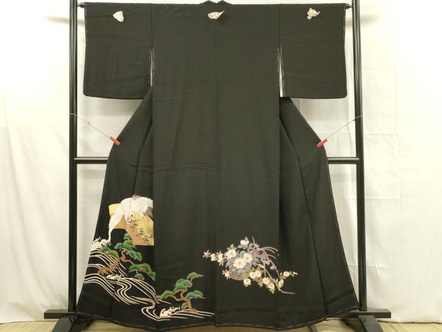 平和屋着物■豪華黒留袖　地紙飛鶴花松文　正絹　逸品　未使用　DABF6824qp　