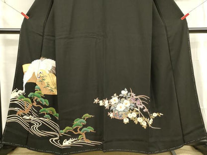 平和屋着物■豪華黒留袖　地紙飛鶴花松文　正絹　逸品　未使用　DABF6824qp　