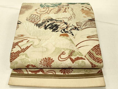 平和屋着物◎アンティーク　大正ロマン　丸帯　飛鶴花文　引き抜き帯　正絹　逸品　DABF6886qp
