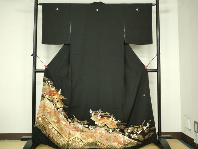 平和屋着物■豪華黒留袖　作家物　駒刺繍　扇面飛鶴花文　金彩　正絹　逸品　DABF6932qp