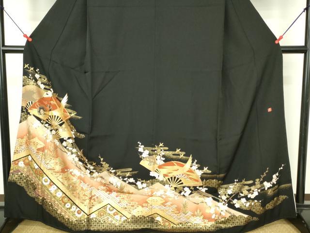 平和屋着物■豪華黒留袖　作家物　駒刺繍　扇面飛鶴花文　金彩　正絹　逸品　DABF6932qp