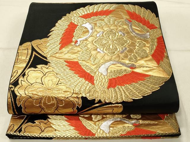 平和屋着物◎六通柄袋帯　唐織　群鶴舞蝶花文　京もみじ　黒地　金銀糸　正絹　逸品　DABF6984qp