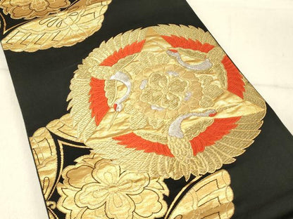 平和屋着物◎六通柄袋帯　唐織　群鶴舞蝶花文　京もみじ　黒地　金銀糸　正絹　逸品　DABF6984qp