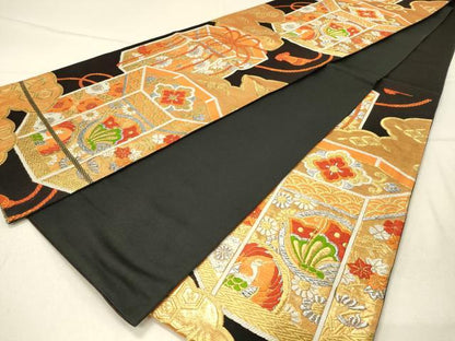 平和屋着物◎六通柄袋帯　唐織　貝桶舞蝶花文　黒地　金銀糸　正絹　逸品　DABF6989qp