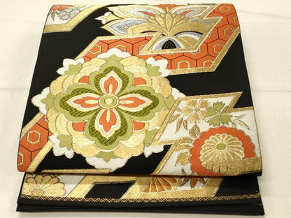 平和屋着物◎六通柄　本袋帯　唐織　正倉院更紗花文　錦　黒地　金銀糸　正絹　逸品　DABF6994qp
