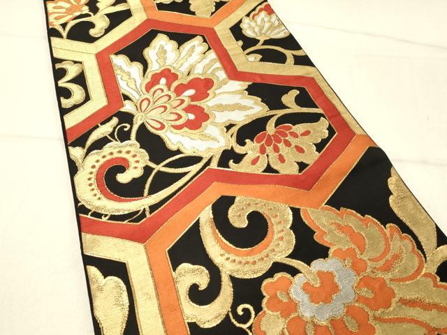平和屋着物◎六通柄　本袋帯　更紗花唐草文　毘沙門亀甲　黒地　金糸　正絹　逸品　DABF6996qp