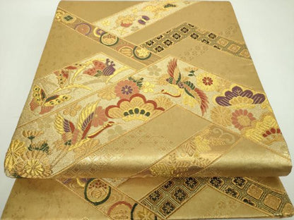 平和屋着物▼六通柄袋帯　鎧金　吉祥花文　金糸　引箔　正絹　逸品　DABF7008ps