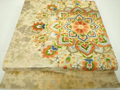 平和屋着物▼太鼓柄袋帯 駒刺繍 総刺繍 正倉院花文 金糸 引箔 正絹 逸品 DABF7034ps
